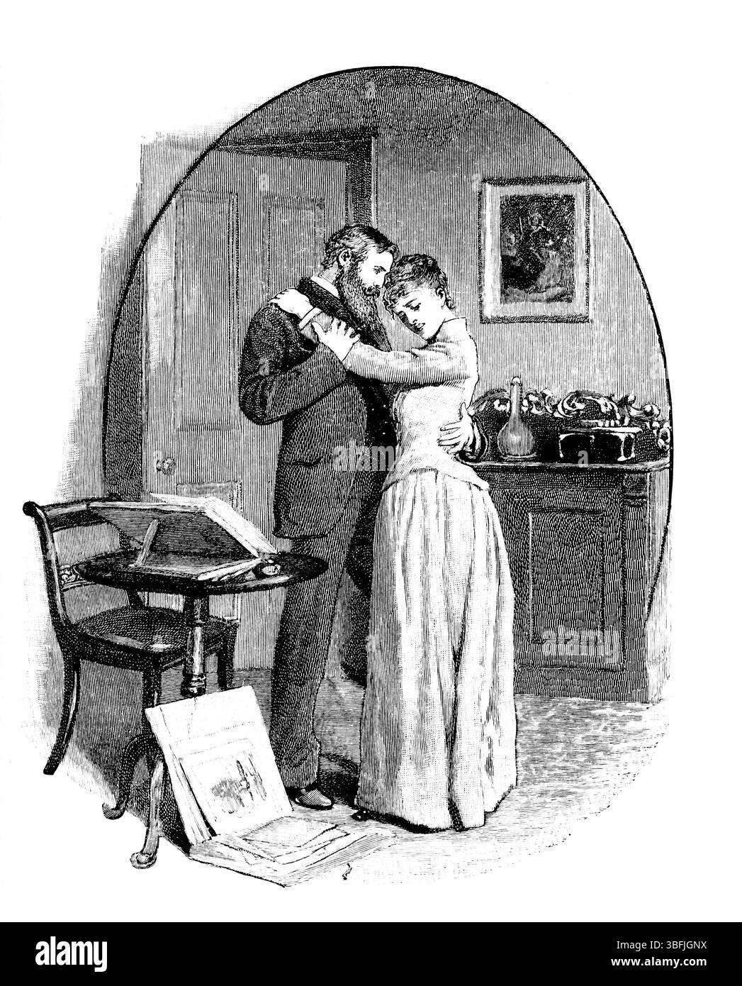 Viktorianisches Innenleben, verstörte Frau sucht Trost in den Armen eines älteren Mannes, gravierte Linie Illustration von 1892 The Quiver Magazine Stockfoto