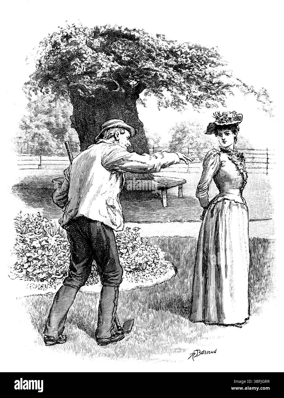 Viktorianische Frau mit Gärtner im Garten, gravierte Linienilllustration von Robert Barnes, aus 1892 The Quiver Magazine Stockfoto