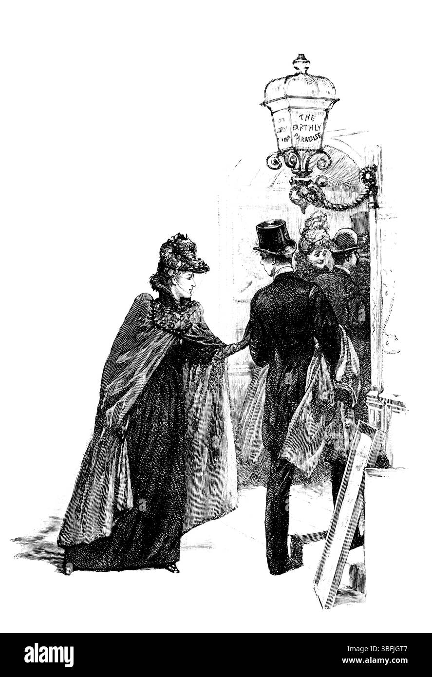 Gut gekleidetes Paar, das das irdische Paradies betritt, gravierte Linienilllustration von viktorianischem Äußeren, von 1892 The Quiver Magazine Stockfoto