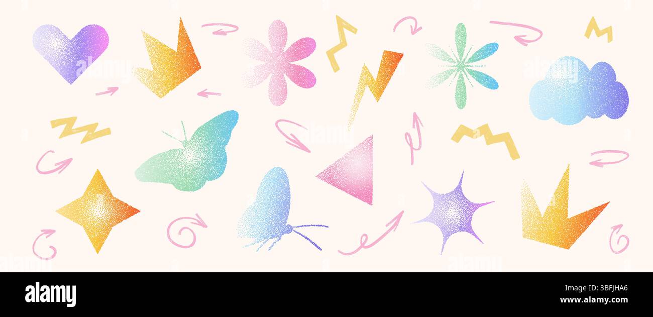 Gradientenformen. Geometrische Punktfiguren. Y2K Retro Herz, Stern und Kreis mit Blumenformen. Bunte Symbole auf beigefarbenem Hintergrund. Trendiger Effekt Stock Vektor