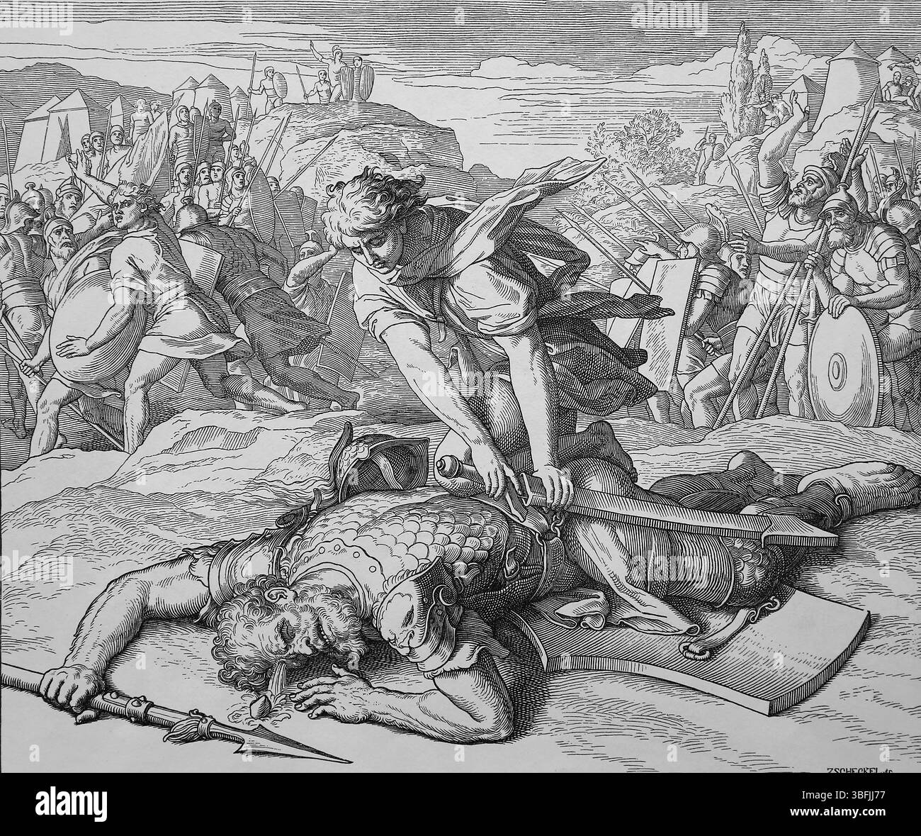 Altes Testament. David tötet Goliath. Das erste Buch Samuel. Illustration von J. Schnorr von Carolsfeld. "Die Bilderbibel", 1852-60. Stockfoto