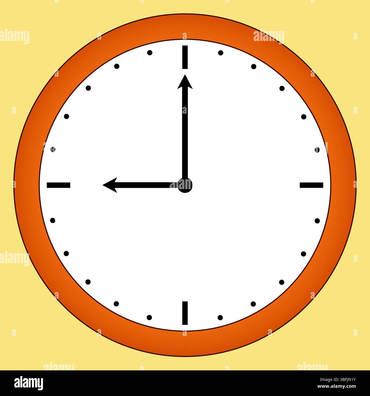 Abbildung: Runde orangene Wanduhr mit weißem, mechanischem Zifferblatt mit 9 Uhr - symbolisiert die Schulzeit. Für das Back-to-School-Thema, Ed Stock Vektor