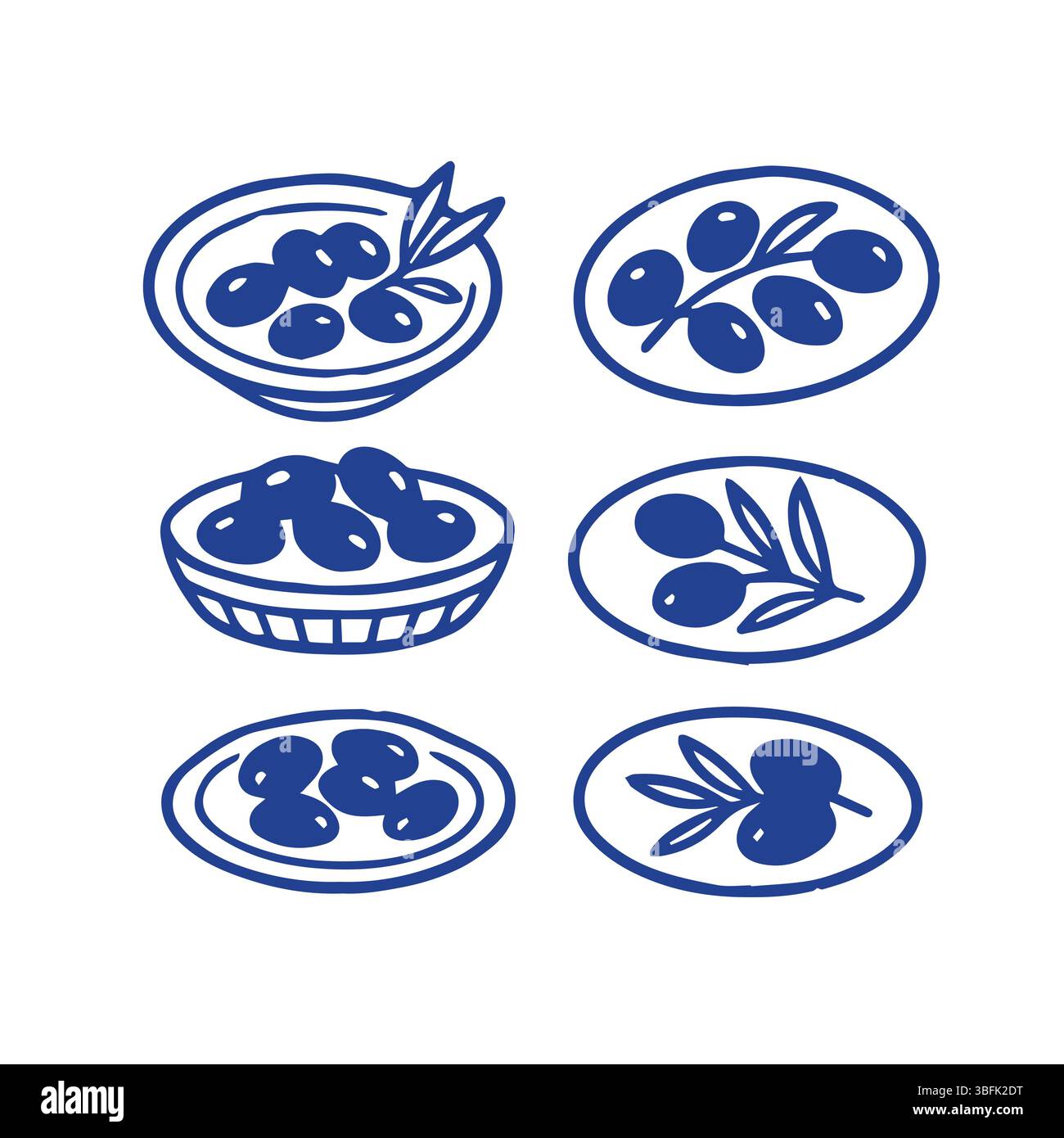 Set handgezogener Oliven und Olivenzweige in Schüsseln und Tellern. Minimalistische blaue Linien, perfekt für mediterrane Speisen und Küche Stock Vektor
