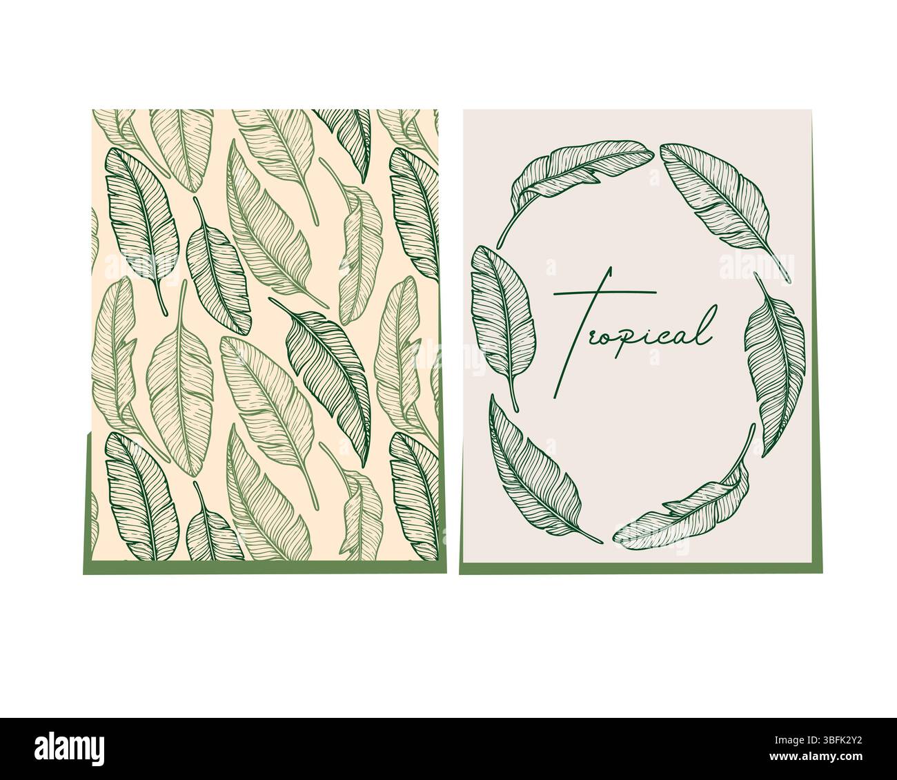 Handgezeichnete Karten mit tropischen Bananenblättern. Das eine hat ein nahtloses Muster, das andere einen Blattkranz mit tropischem Text. Elegante grüne Linien auf Beige Stock Vektor