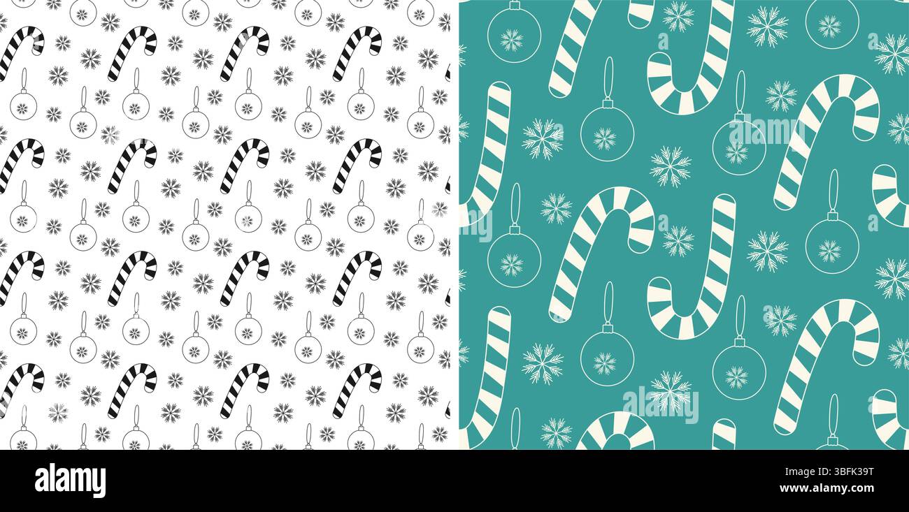 Weihnachtsspielzeug mit freihändig gestreiftem Candy Cane und nahtlosem Muster aus Schneeflocken mit Tinte und Kreideeffekt. Isolierte Vektor-Illustration Weihnachten oder Neujahr Themen Hintergründe Grußkarte, Faltblatt, Banner Stock Vektor