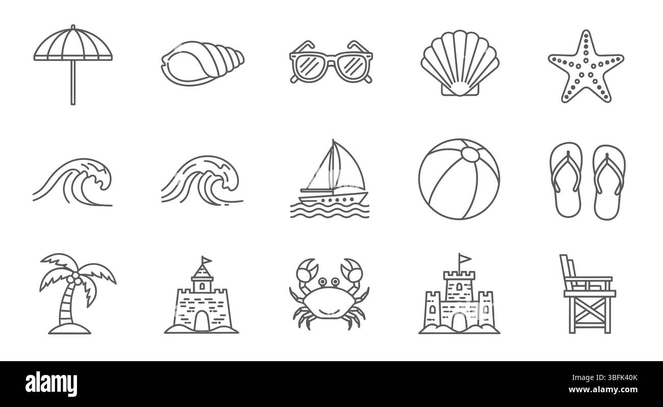 Strand-Symbol-Set – Meer, Sand, Sonne und Urlaubssymbole Stock Vektor