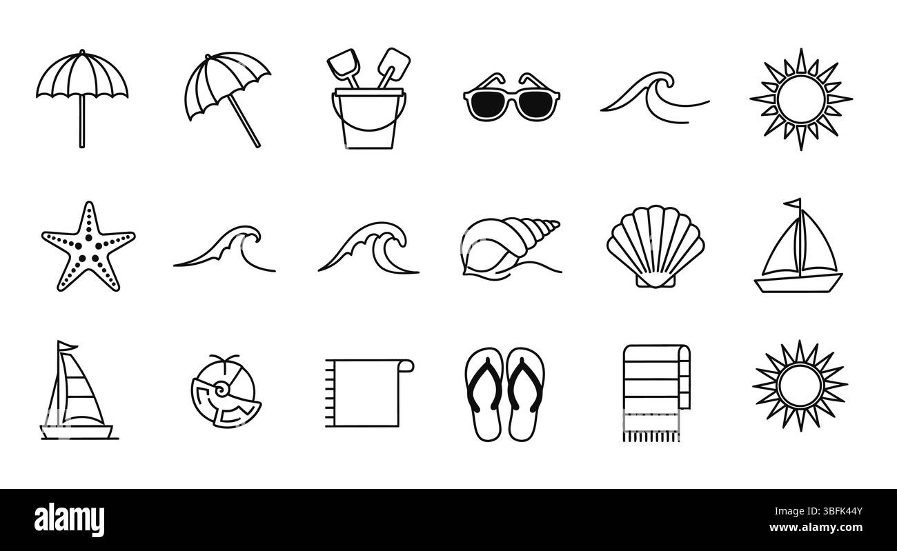 Strand-Symbol-Set – Meer, Sand, Sonne und Urlaubssymbole Stock Vektor