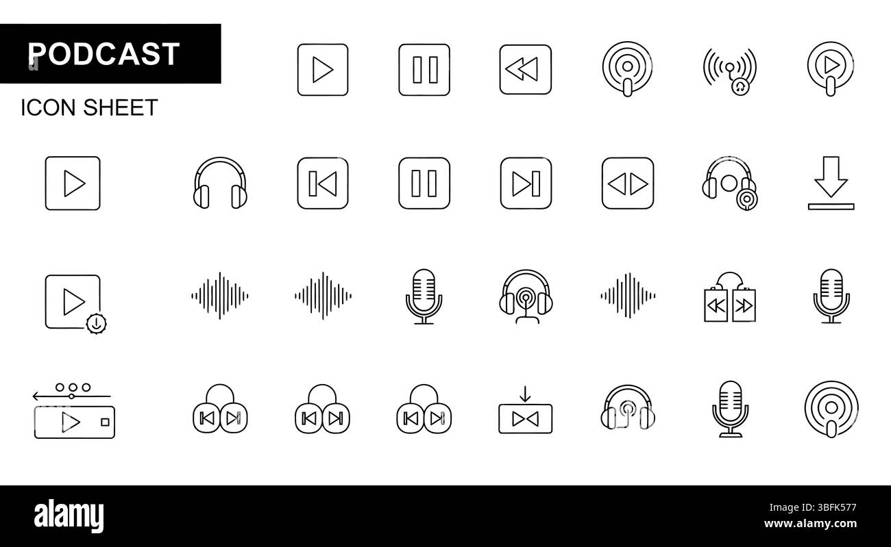 Podcast-Symbolsatz – Audio-, Mikrofon-, Rundfunk- und Mediensymbole Stock Vektor