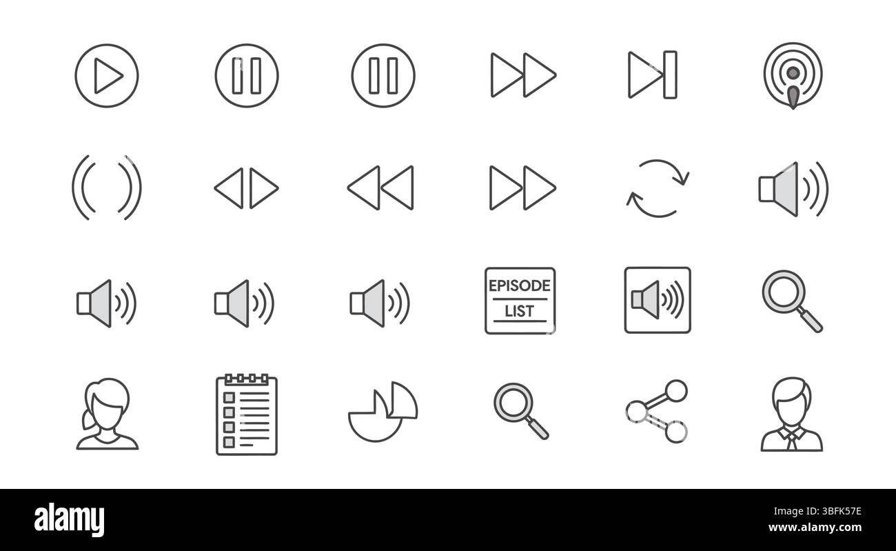 Podcast-Symbolsatz – Audio-, Mikrofon-, Rundfunk- und Mediensymbole Stock Vektor