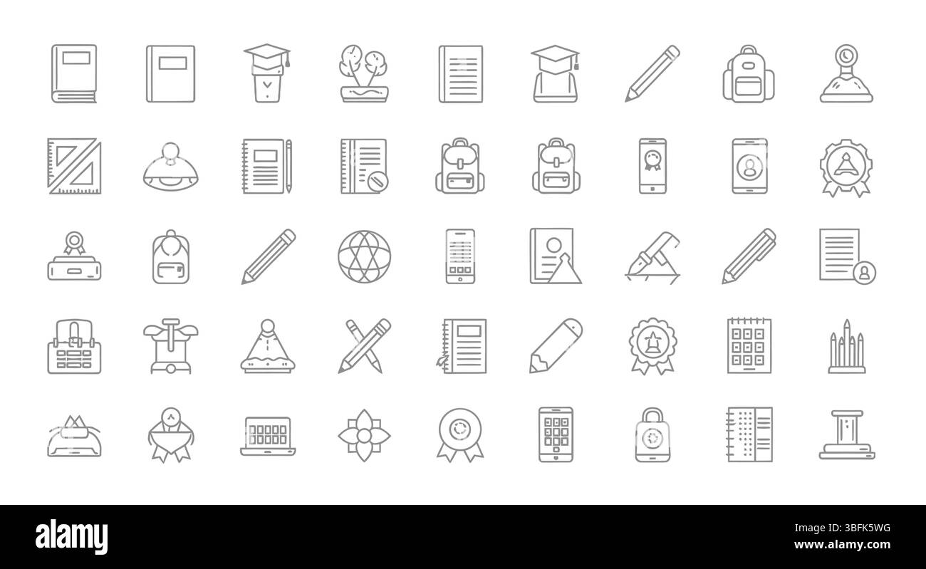 Symbolsatz Schule – Symbole für Bildung, Lernen, Unterricht und akademische Bildung Stock Vektor
