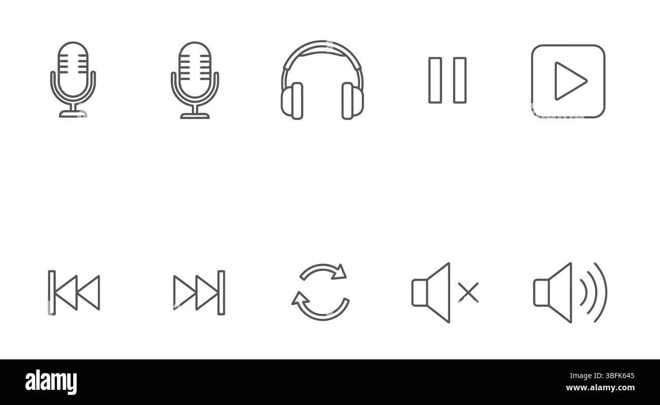 Podcast-Symbolsatz – Audio-, Mikrofon-, Rundfunk- und Mediensymbole Stock Vektor