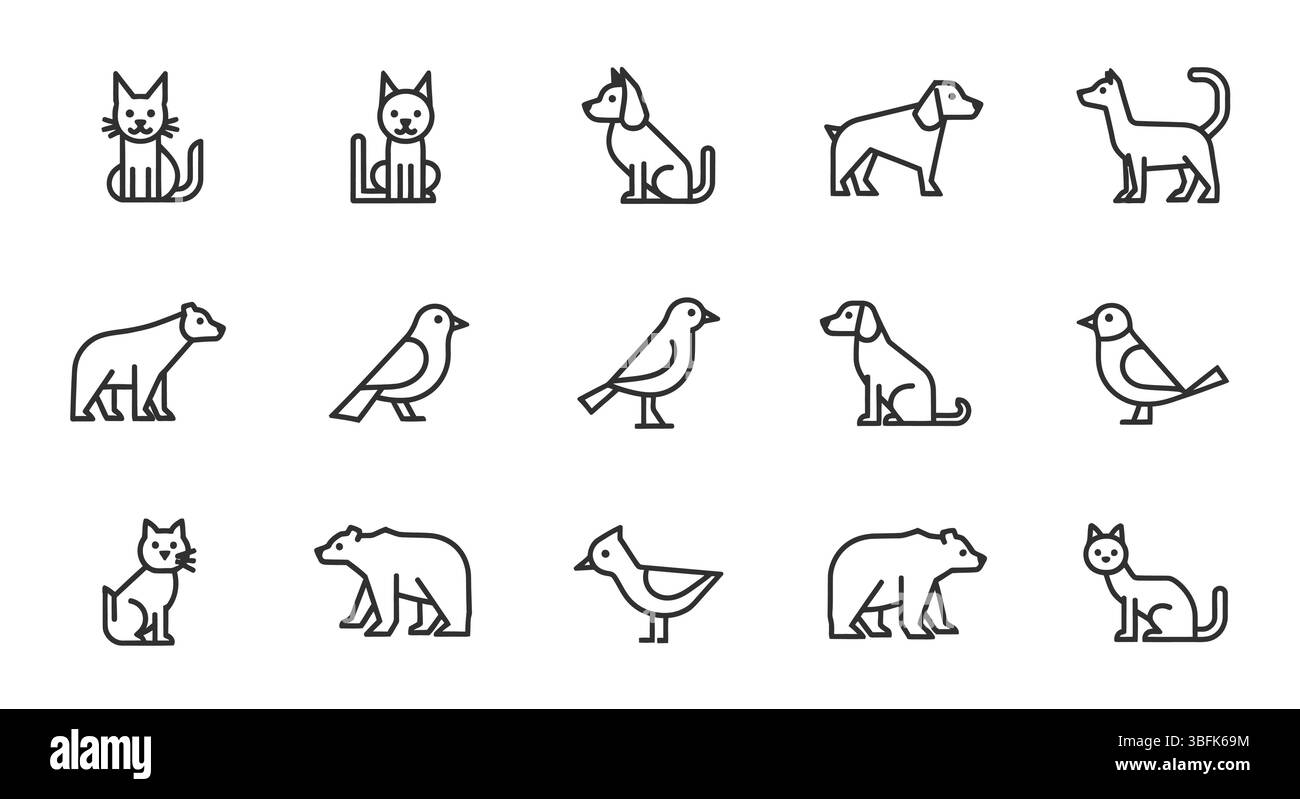 Symbole für Tiere – Symbole für Wildtiere, Haustiere, Natur und Tierreich Stock Vektor