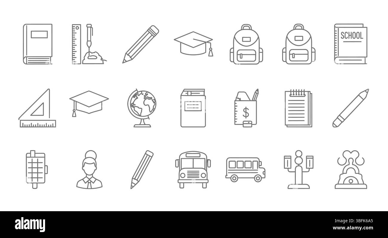 Symbolsatz Schule – Symbole für Bildung, Lernen, Unterricht und akademische Bildung Stock Vektor