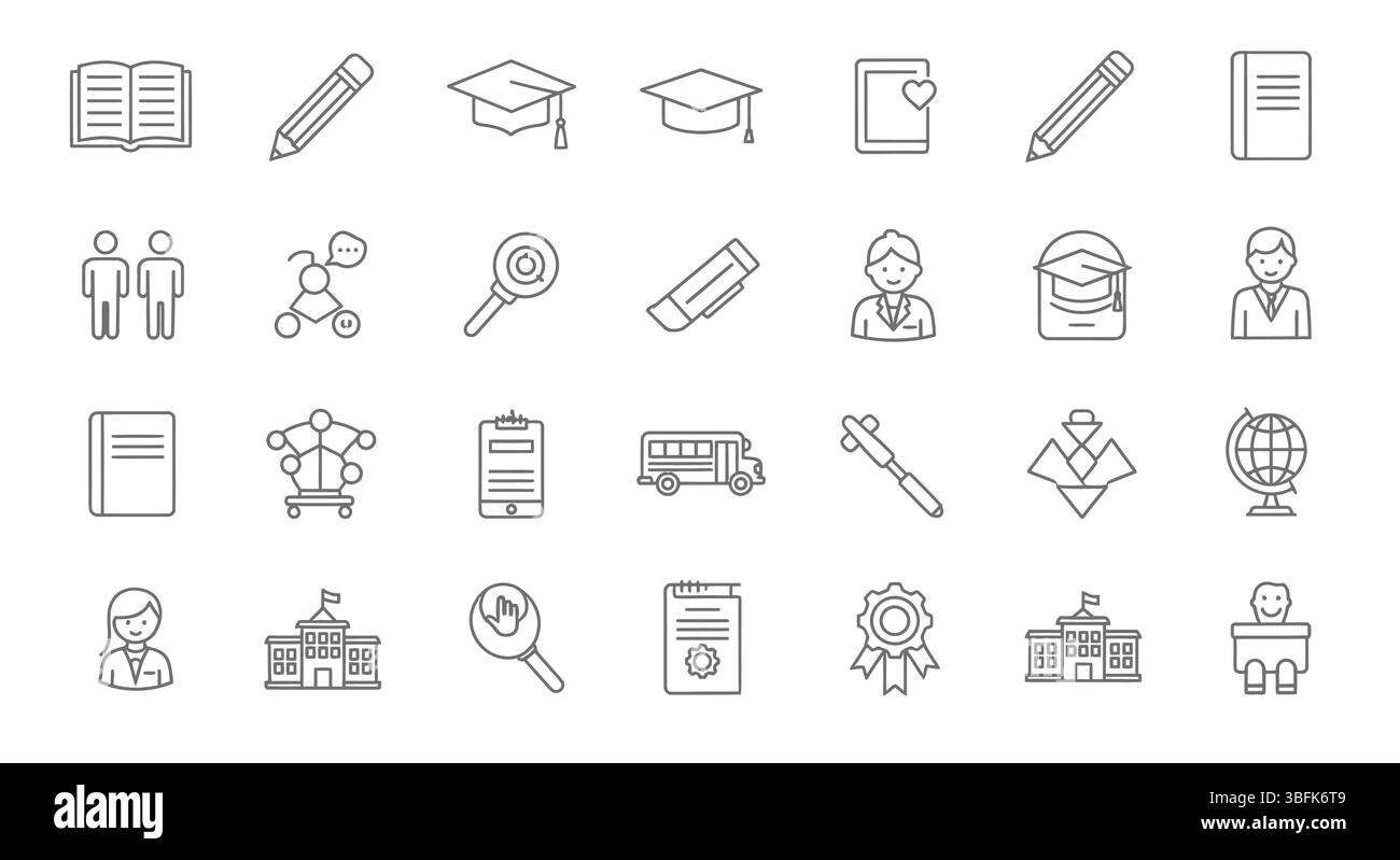 Symbolsatz Schule – Symbole für Bildung, Lernen, Unterricht und akademische Bildung Stock Vektor