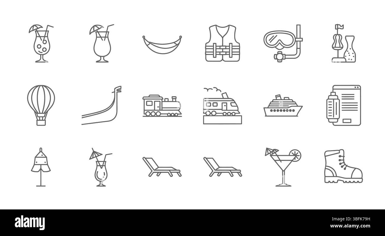 Symbolsatz Urlaub – Symbole für Reise, Urlaub, Entspannung und Freizeit Stock Vektor