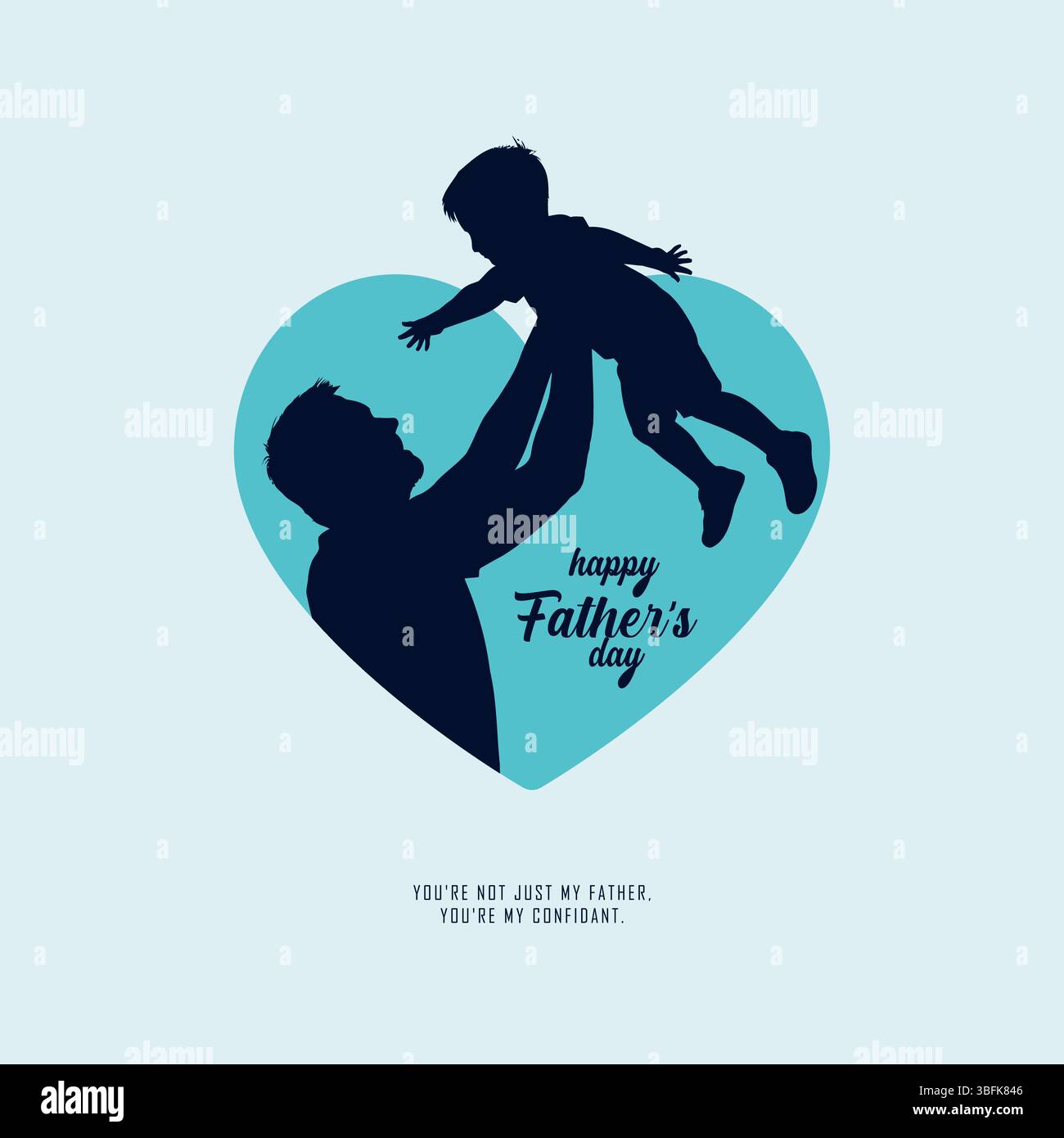 Alles Gute zum Vatertag mit den Silhouetten von Vater und Kind. Vektor-Grußkarte mit einer schönen Botschaft zum Vatertag. Alles Gute zum Vatertag, Illustrati Stock Vektor