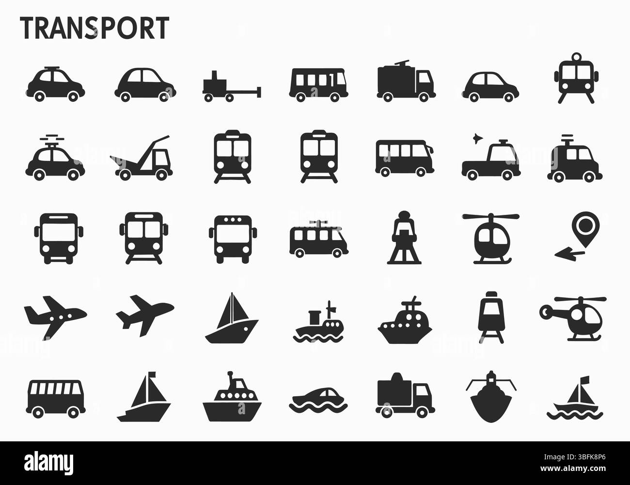 Symbolsatz Transport – Symbole für Fahrzeuge, Reisen, Versand und Logistik Stock Vektor