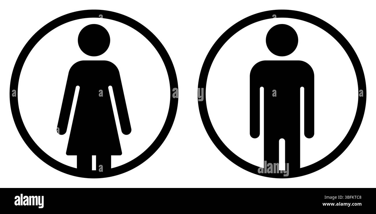 Toilettenzeichen, Männer und Frauen Symbol Silhouette Form, schwarz-weiße Illustration eines Mannes und einer Frau in einem Kreis, isoliert auf weiß Stock Vektor