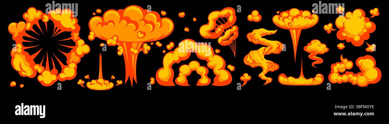 Comic-Feuer-Explosion mit Bombenexplosion, Flamme und Rauchwolke auf schwarzem Hintergrund. Vector Comic Explosion Set. Ideal für Spiele und Bewegungseffekte Stock Vektor