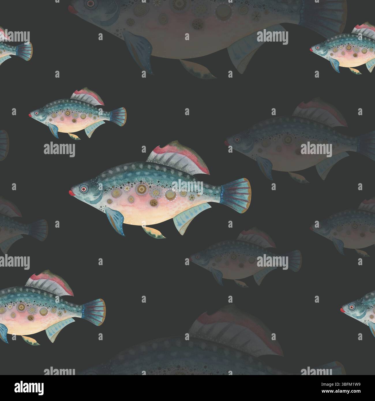 Fantasy Fish nahtloses Muster auf dunklem Hintergrund. Fischschule. Forelle, Barsch, Karpfen. Handgemalte Aquarellillustration. Unterwasserwelt Stockfoto