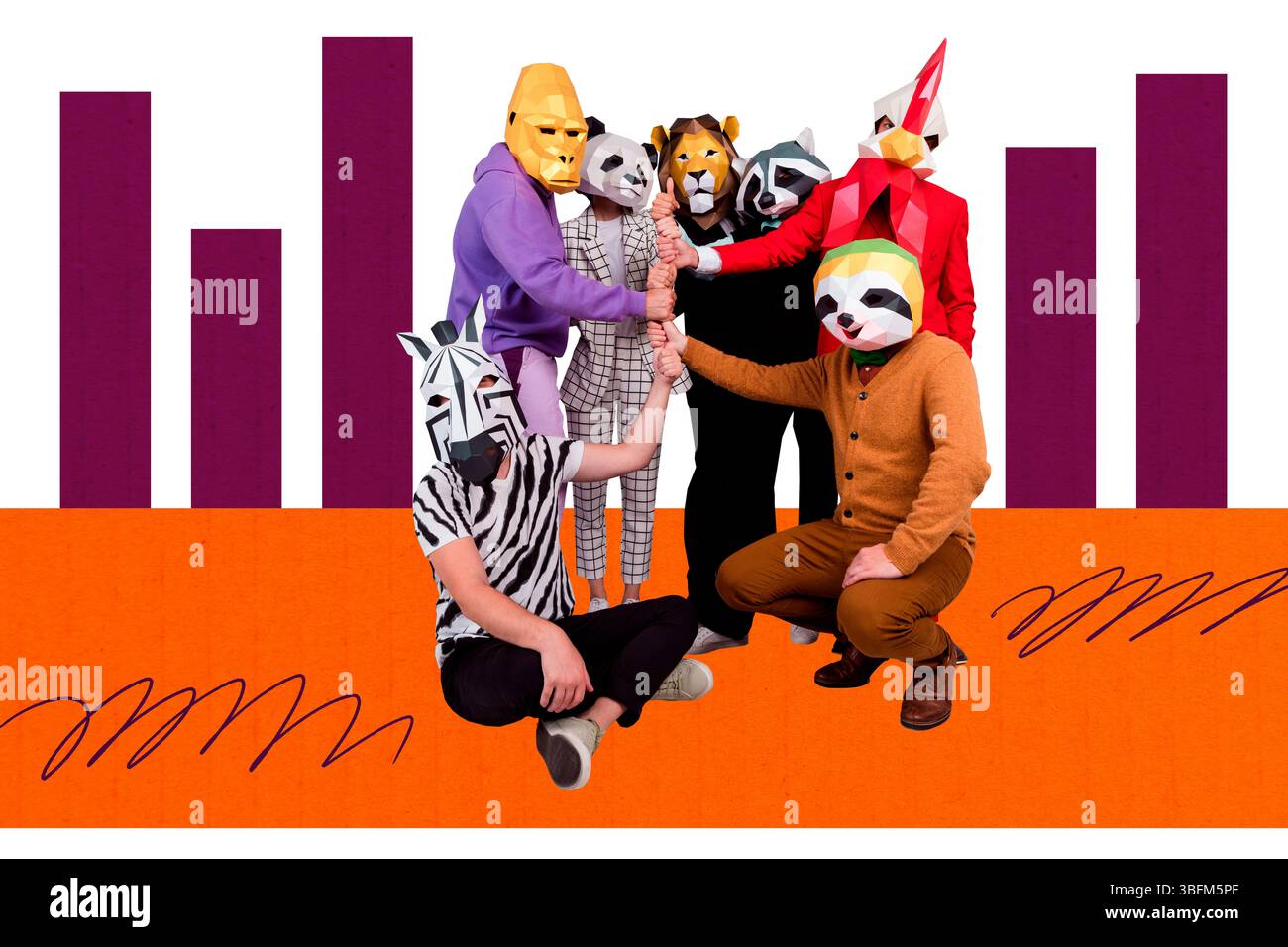 Kreative Pop-Zine-Collage von anonymen Geschäftsleuten tragen Quadrober-Maske Tieraufbau Teamentwicklung Kartenentwicklung Hand halten Stockfoto