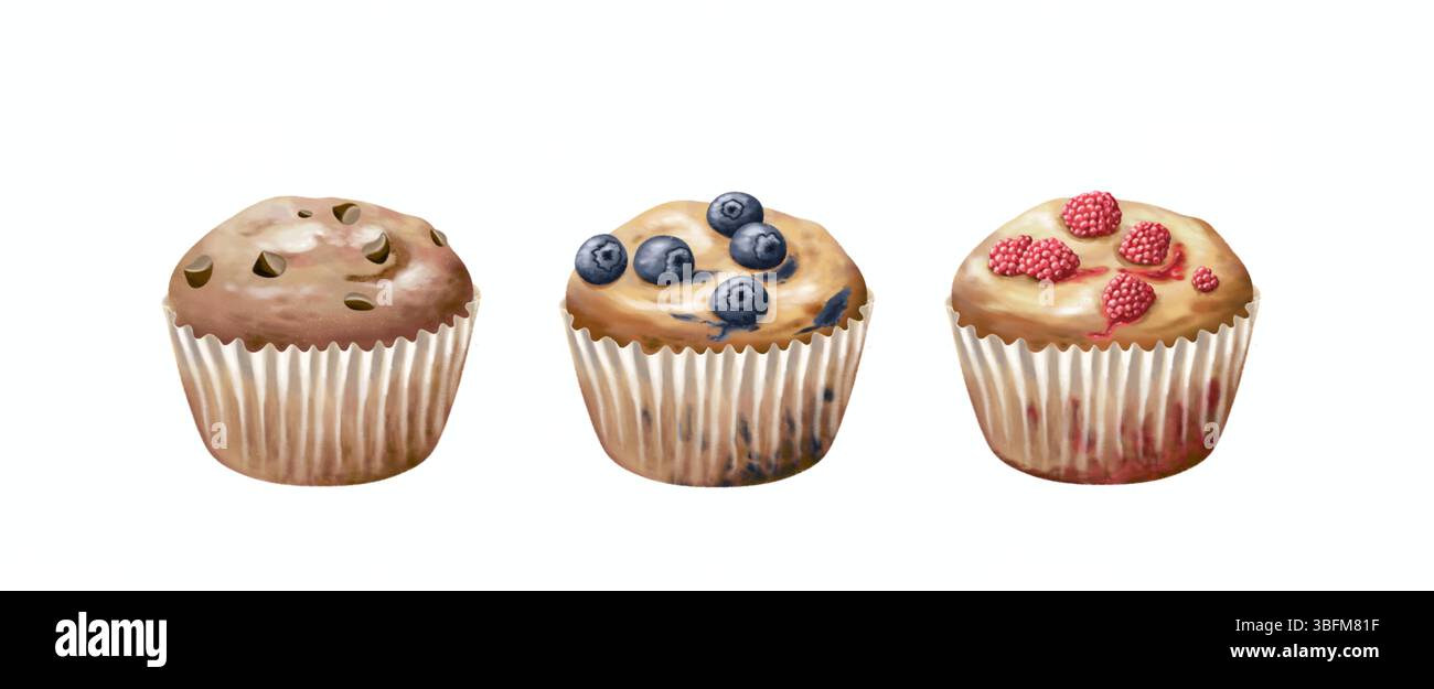 Set von köstlichen Muffin Aquarell Illustration isoliert. Perfekt für den Einsatz in Backwaren-Designs, Menüs, Verpackungen, Poster und Lebensmittelblogs. Symboli Stockfoto