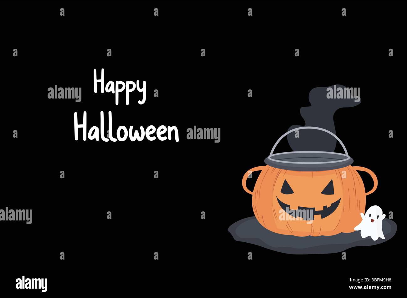 Dunkle Halloween-Grußkarte mit Jack-o-Laterne Kessel und süßem Geist mit fröhlichem Halloween Text in weiß. Stock Vektor