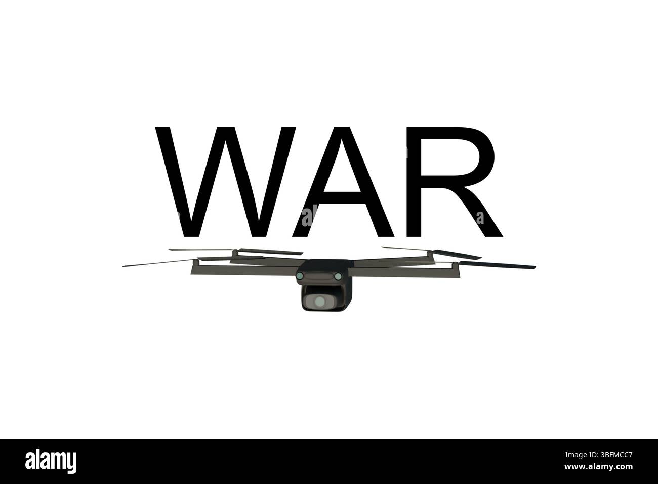 3D-Modell der schwarzen Kampfdrohne mit KRIEGSTEXT auf weißem Hintergrund, Konzept der zukünftigen Drohnenkriegsführung und Kampftechnologie Stockfoto