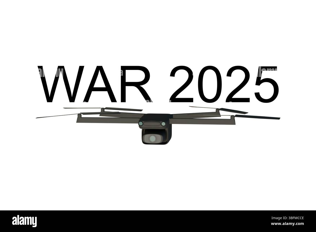 3D-Modell der Kampfdrohne mit Text WAR 2025, Konzept der Drohnenkriegsführung der Zukunft und Drohnenkampftechnologien Stockfoto