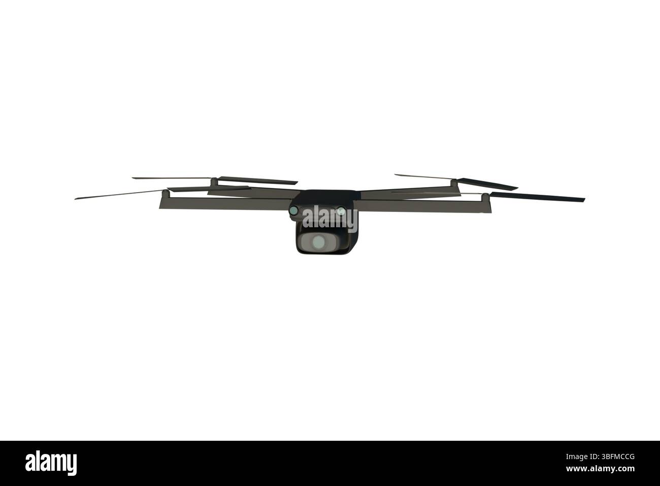 3D-Modell einer schwarzen Drohne mit Kamera, Visualisierung eines Flugzeugs auf weißem Hintergrund Stockfoto