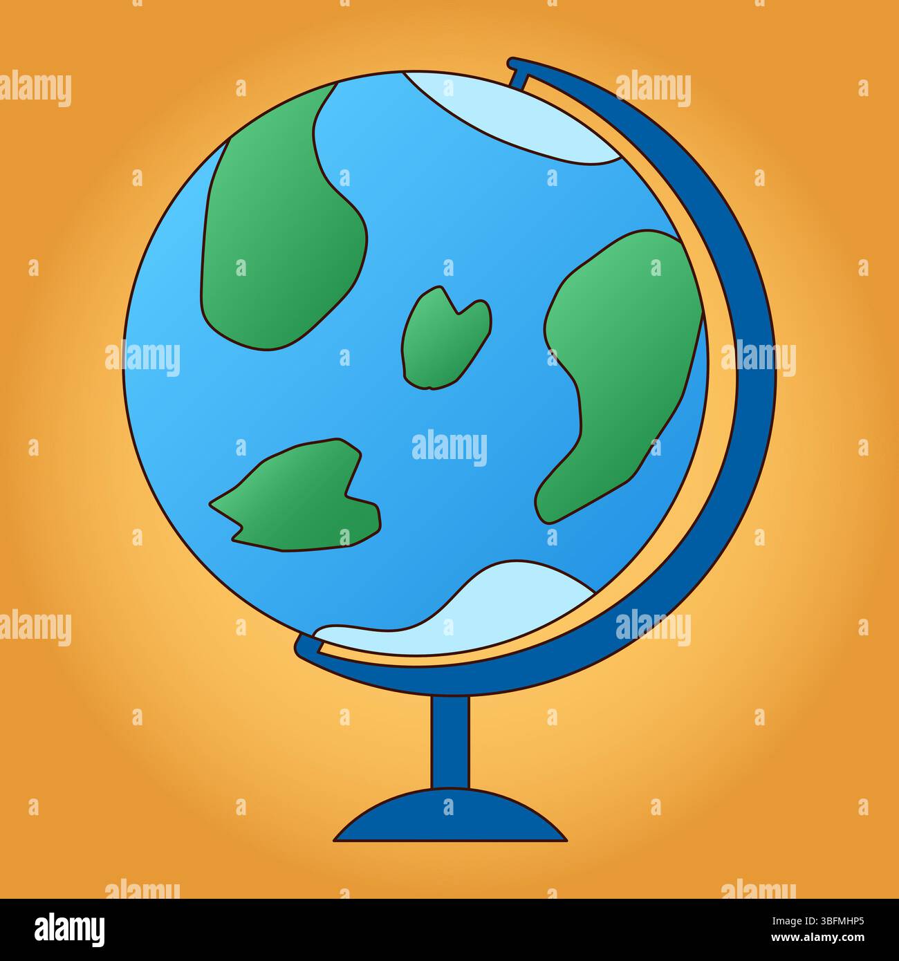 Karikatur-flacher Vektor illustrierte Kugel auf orangem Hintergrund, die stilisierte Kontinente und Ozean zeigt. Geografie-Lektion. Für das Thema Back-to-School, Educatio Stock Vektor