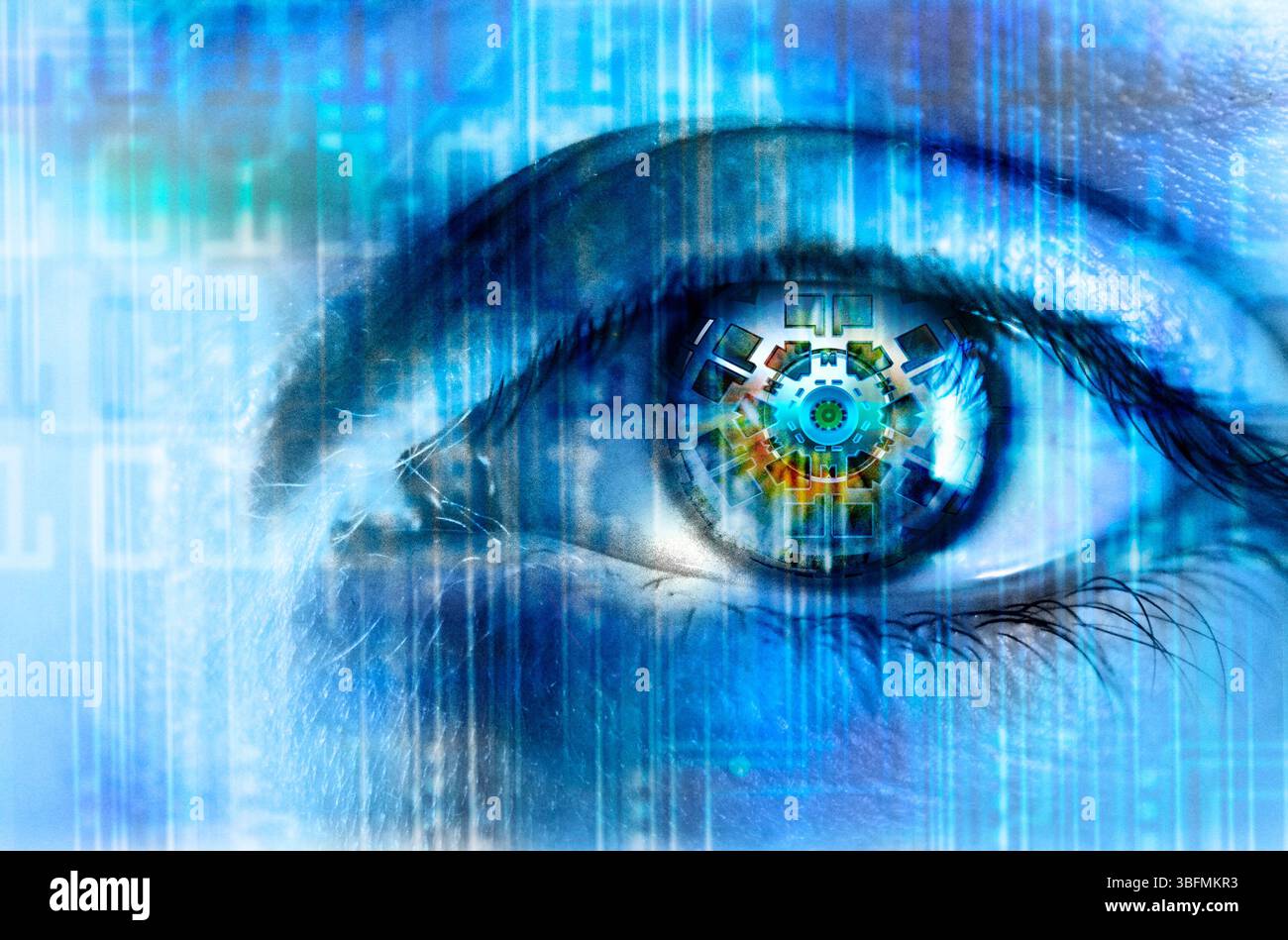 Auge mit einem Mechanismus in der Iris, verbessertes menschliches und implantierbares Technologiekonzept Stockfoto