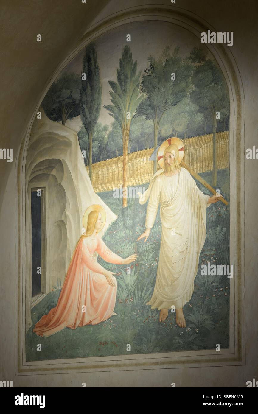 Fresko von Fra Angelico, das Christus darstellt, der Maria Magdalena nach der Auferstehung erscheint. Das Hotel befindet sich im Kloster San Marco, Florenz, bemalt in Cir Stockfoto Fresko von Fra Angelico, das Christus darstellt, der Maria Magdalena nach der Auferstehung erscheint. Das Hotel befindet sich im Kloster San Marco, Florenz, bemalt in Cir Stockfoto