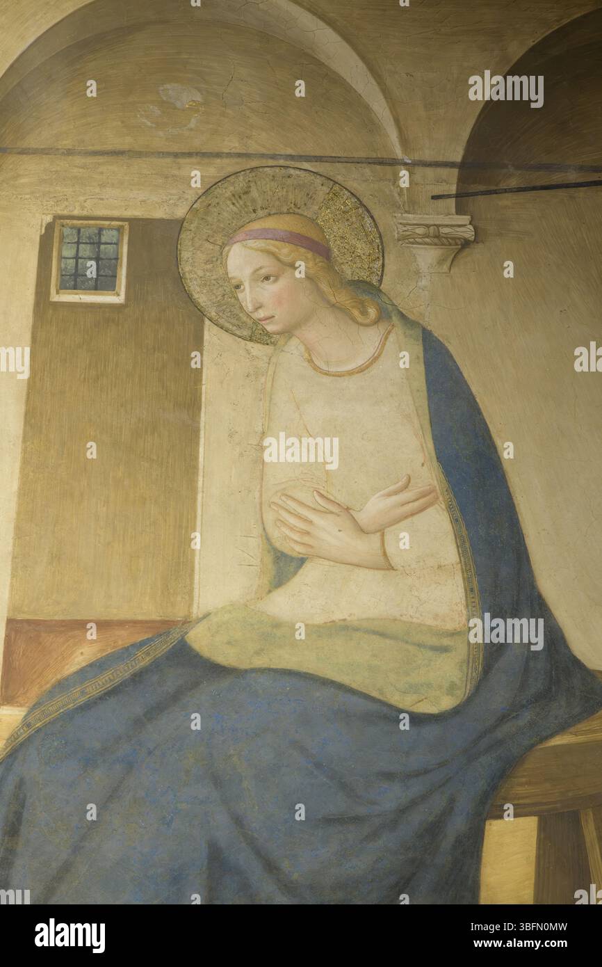 FRA Angelico, Fresko der Verkündigung im Flur des Klosters San Marco in Florenz, gemalt 1442–1443, zeigt Gabriel und Maria unter einer Arkade. Stockfoto FRA Angelico, Fresko der Verkündigung im Flur des Klosters San Marco in Florenz, gemalt 1442–1443, zeigt Gabriel und Maria unter einer Arkade. Stockfoto