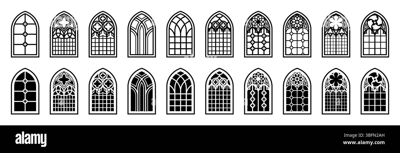 Gotischer Bogen. Kirchenglasrand, Schlosstürrahmen oder klassische katholische Kathedraldekoration. Altes Kreuzzeichen. Mittelalterliches Mosaik, Innenausstattung aus Renaissance-Architektur. Illustration der schwarzen Silhouette des Vektors Stock Vektor