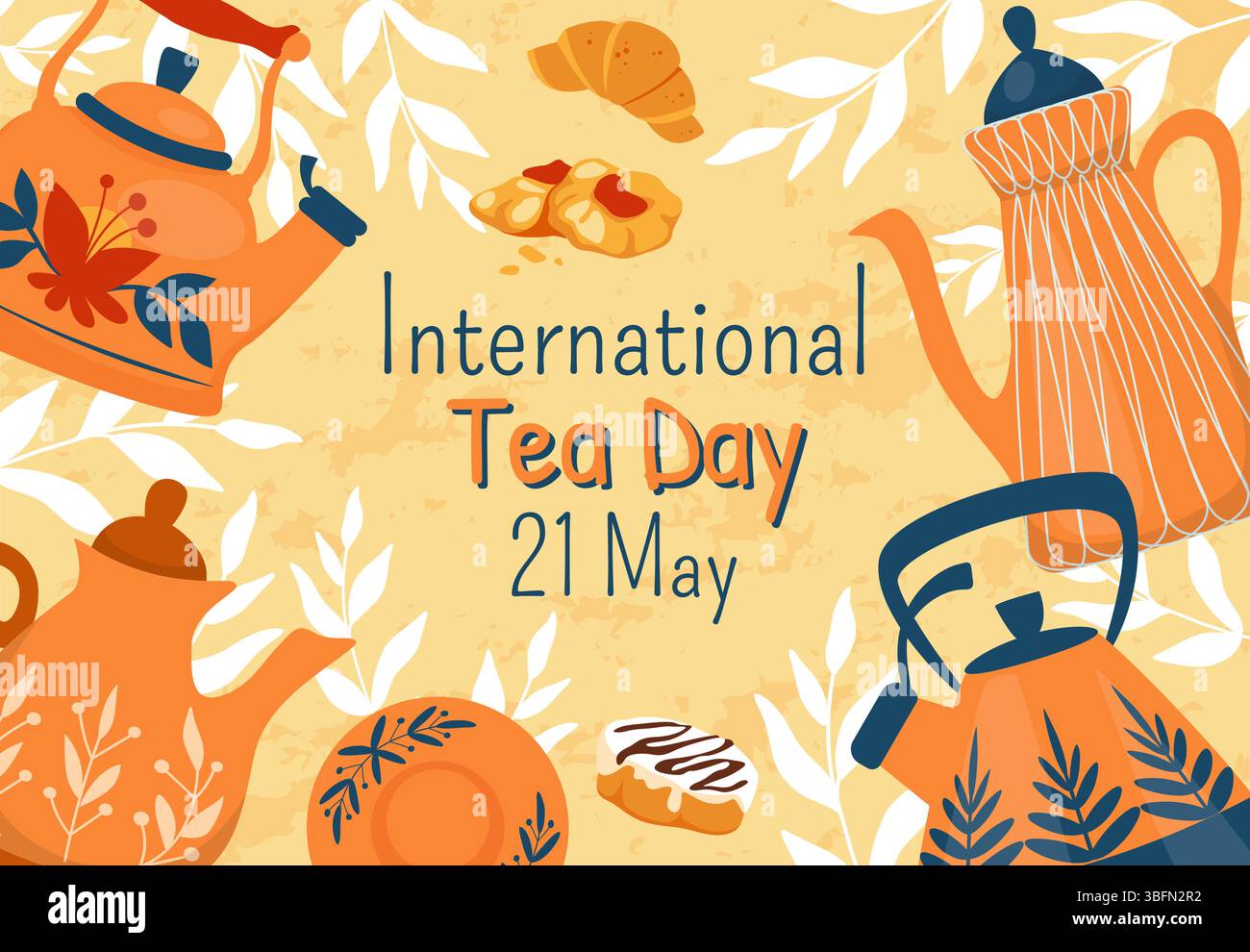 Internationaler Teetag. Horizontales Banner. Niedlicher Wasserkocher mit botanischen Mustern, Teller mit Desserts. Gemütliches Keramikgeschirr. Teatime-Urlaubswerbung. Vektor-Cartoon flache Art isolierte Illustration Stock Vektor