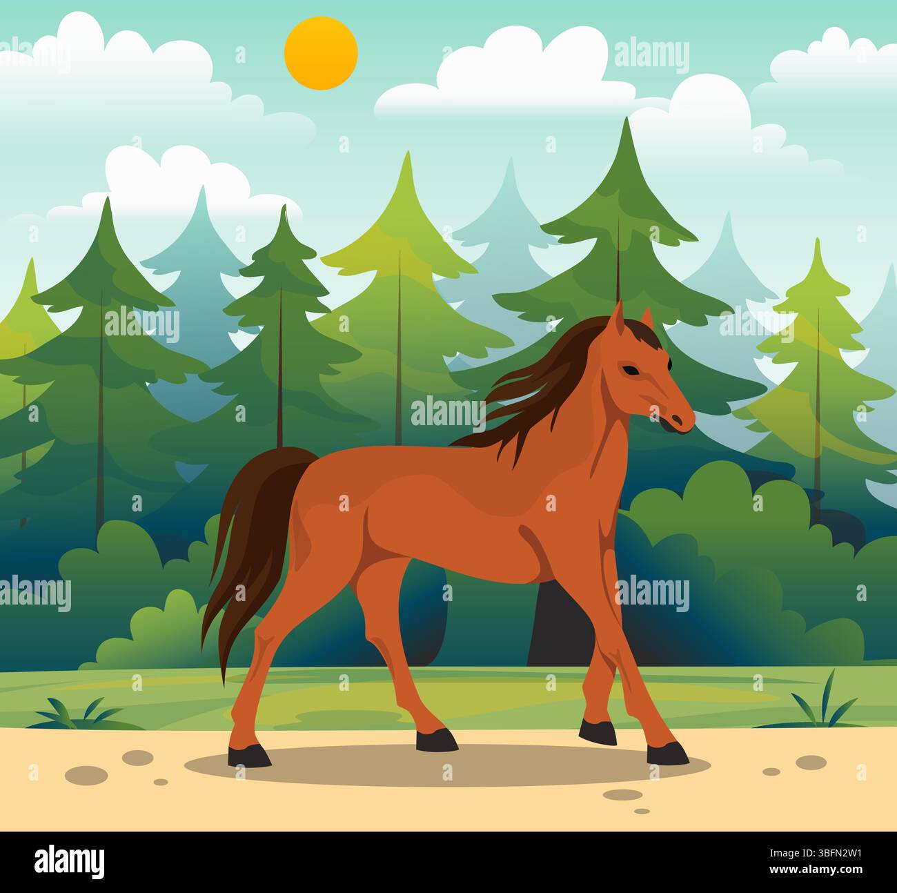 Pferd auf der Wiese. Reinrassiger Hengst. Tierweidung auf dem Feld. Pferderennen. Wilder Mustang. Haussäuger. Ponygalopp. Landschaft der Tannen. Stutenequitation. Vektor-Landschaft Stock Vektor