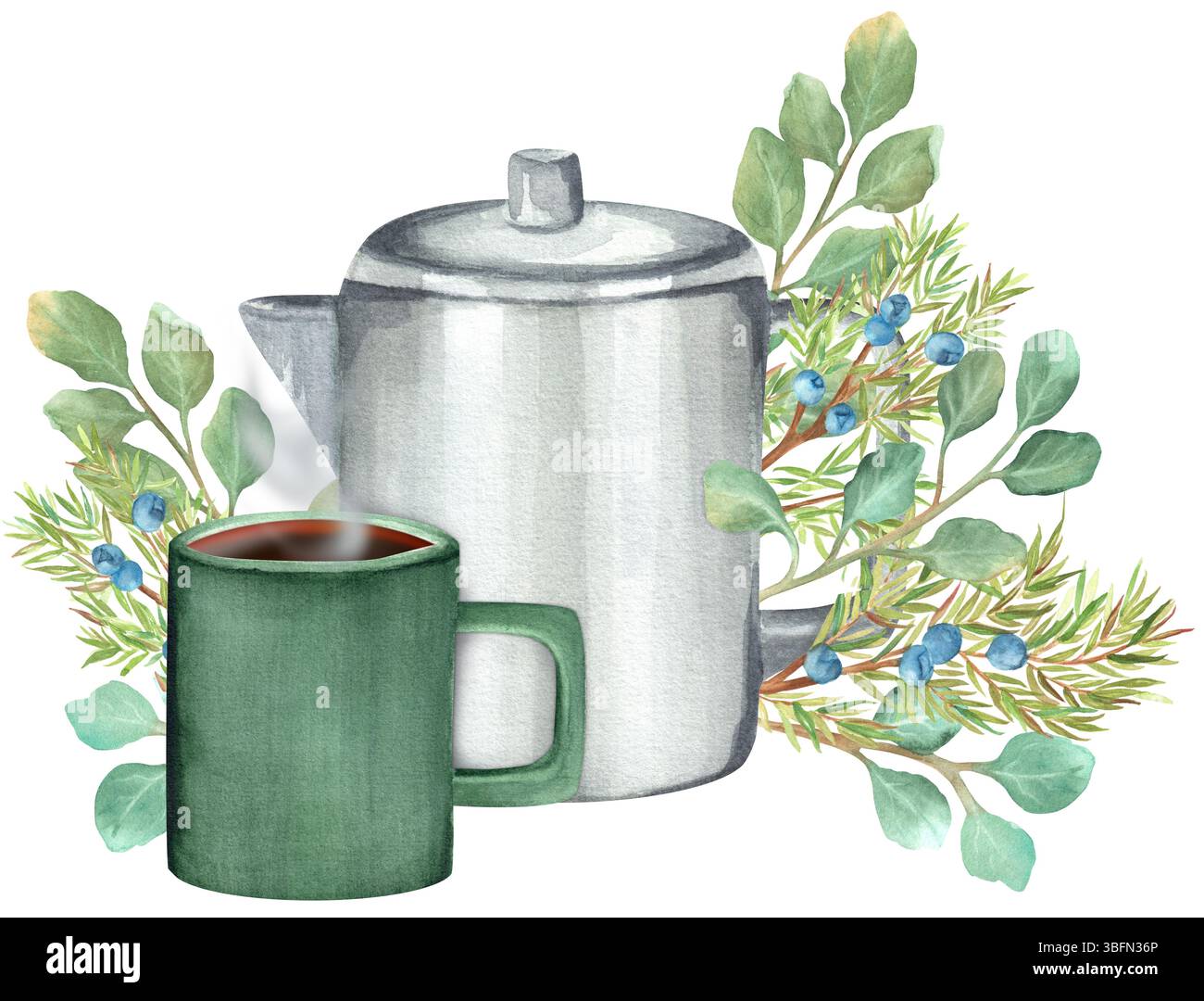 Kaffeekanne aus Edelstahl und grüner Becher mit heißem Tee, dekoriert mit Eukalyptus- und wacholderzweigen. Touristische Ausrüstung. Campingküche Clipart. Handgezeichnet Stockfoto