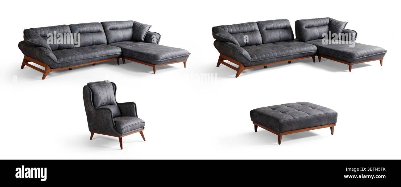 Eckmöbel isoliert auf weißem Hintergrund. Ecksofa, Sessel und Couchtisch Stockfoto