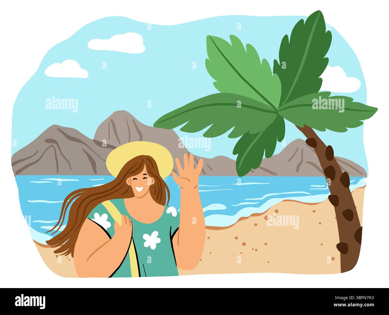 Vektor-Illustration im flachen Stil einer Frau in einem Sommerkleid und Hut, die auf einem Sandstrand winkt, mit Blick auf das Meer, Palmen und Berge im B Stock Vektor Vektor-Illustration im flachen Stil einer Frau in einem Sommerkleid und Hut, die auf einem Sandstrand winkt, mit Blick auf das Meer, Palmen und Berge im B Stock Vektor