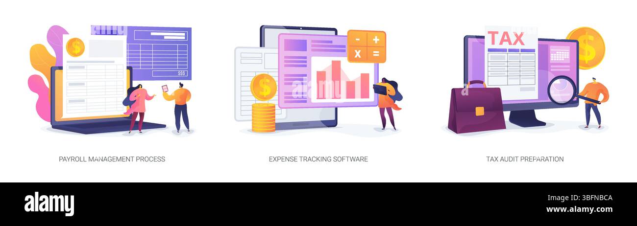 Illustrationen zu abstrakten Konzepten für Lohn- und Gehaltsabrechnung, Budgetierung, Steuervorbereitung. Stock Vektor
