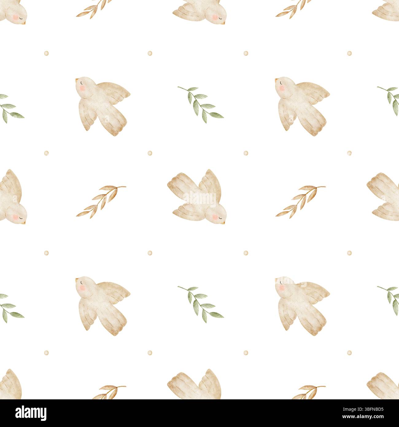 Aquarell Baby Muster Vogel fliegen, Blätter, Zweige, Pastell beige grüne Farbe. Handgezeichnete Illustration stilisiert auf transparentem Hintergrund. Nahtlos Stockfoto