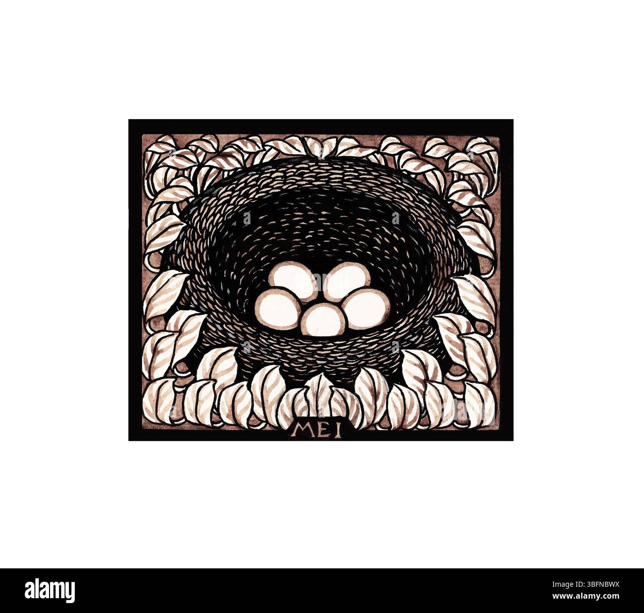 Niederländischer Holzschnitt „Vogelnest met eieren“ von Julie de Graag. Gemeinfreie Illustration von Vogelnest und Eiern. Vintage Naturkunst, perfekt für redaktionelle oder Stockfoto