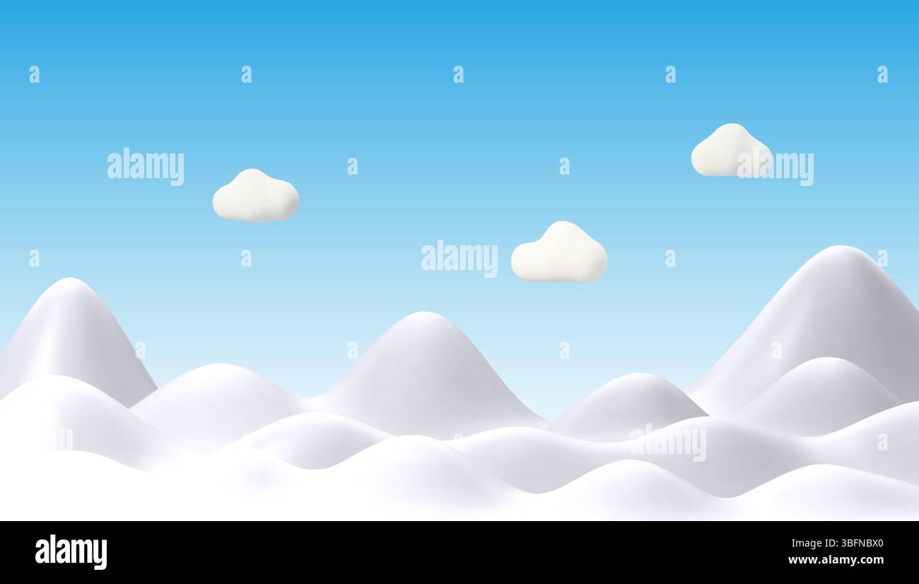 Vektor-3D-Darstellung von schneebedeckten Bergen und Hügeln unter einem hellblauen Himmel. Einfache und minimalistische Ästhetik mit weichen Wolken, für Winterthemen DE Stock Vektor