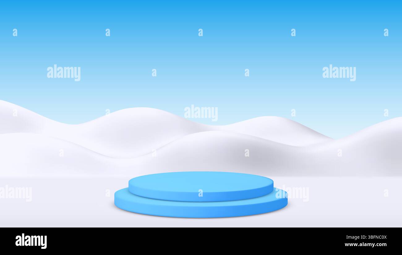 Vektor-3D-Illustration mit minimalistischen schneebedeckten Hügeln und einem blauen Podium. Perfekt für Werbung, Winterwunderland-Themen oder moderne Designprojekte Stock Vektor