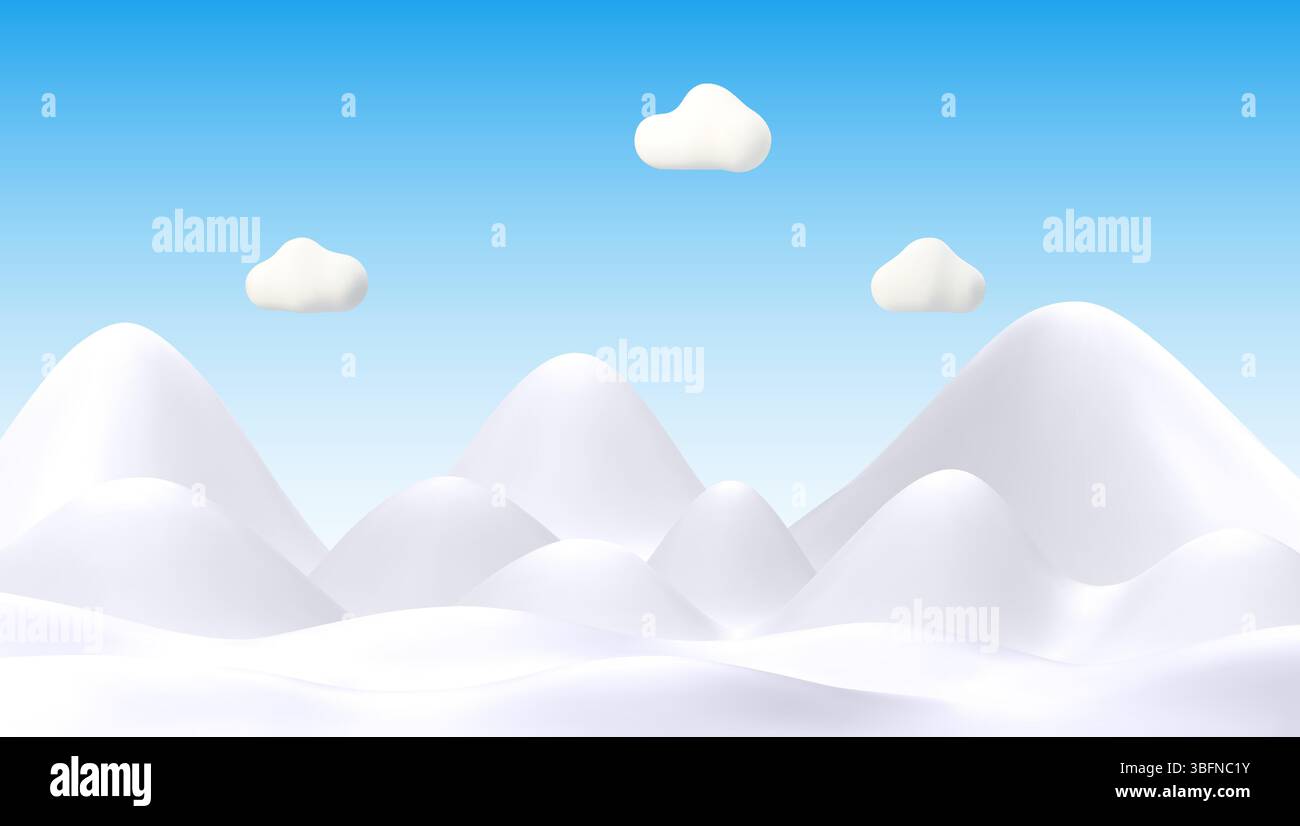 Vektor 3D schneebedeckte Berge und Hügel unter einem hellblauen Himmel. Einfache und schlichte Ästhetik mit weichen Wolken, ideal für Wintermotive o Stock Vektor