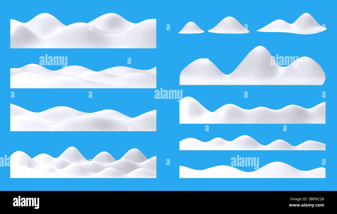 3D-Vektorgrafiken, die stilisierte schneebedeckte Berge und Hügel auf blauem Hintergrund darstellen. Schlichtes und minimalistisches Design mit Winterla Stock Vektor