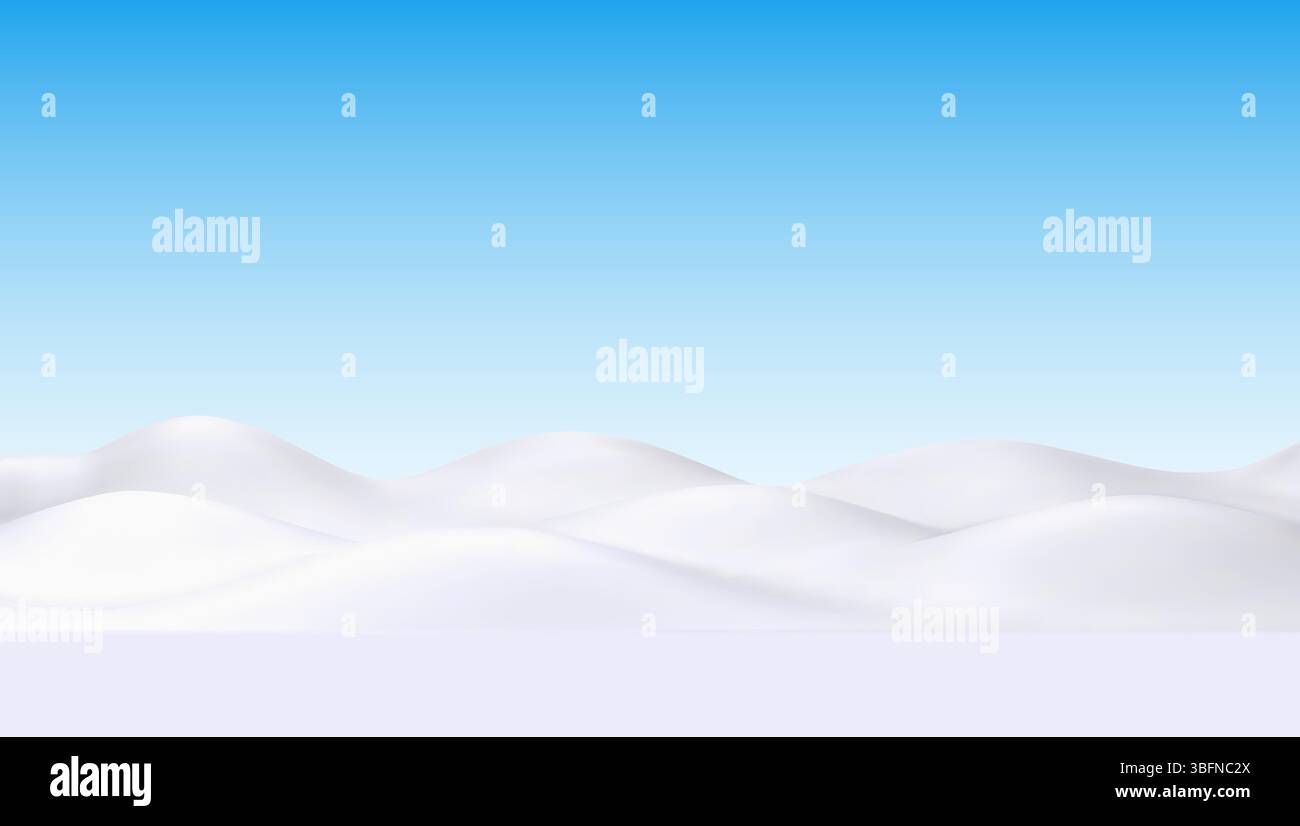 Schneebedeckte Hügel und Schneewehungen in einem minimalistischen 3D-Kartonstil mit Winterbergen unter einem hellblauen Himmel. Winter Vektor saisonale Stock Vektor