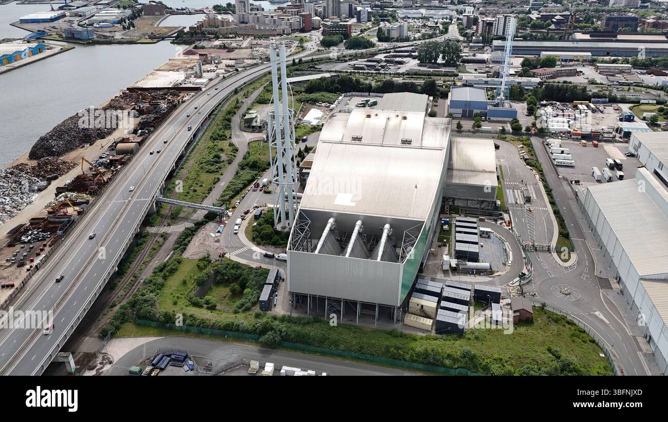 Luftaufnahme des Viridor Trident Park, Abfallentsorgungsdienstleistungsprojekt, Cardiff Energy Recovery Facility Stockfoto