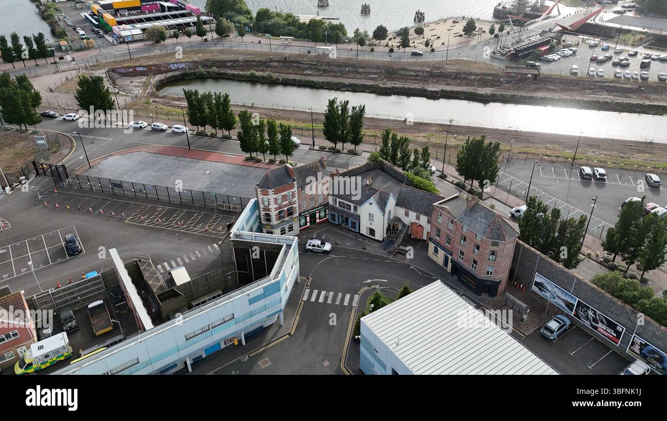 Luftaufnahme der Roath Lock Studios, BBC Wales Drama Studios in Cardiff Bay, Heimat der TV-Programme Doctor Who, Casualty und Pobol y Cwm Stockfoto